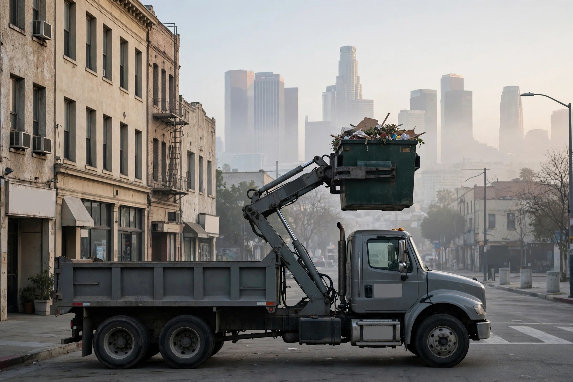 Dumpster truck pickup in downtown Los Angeles